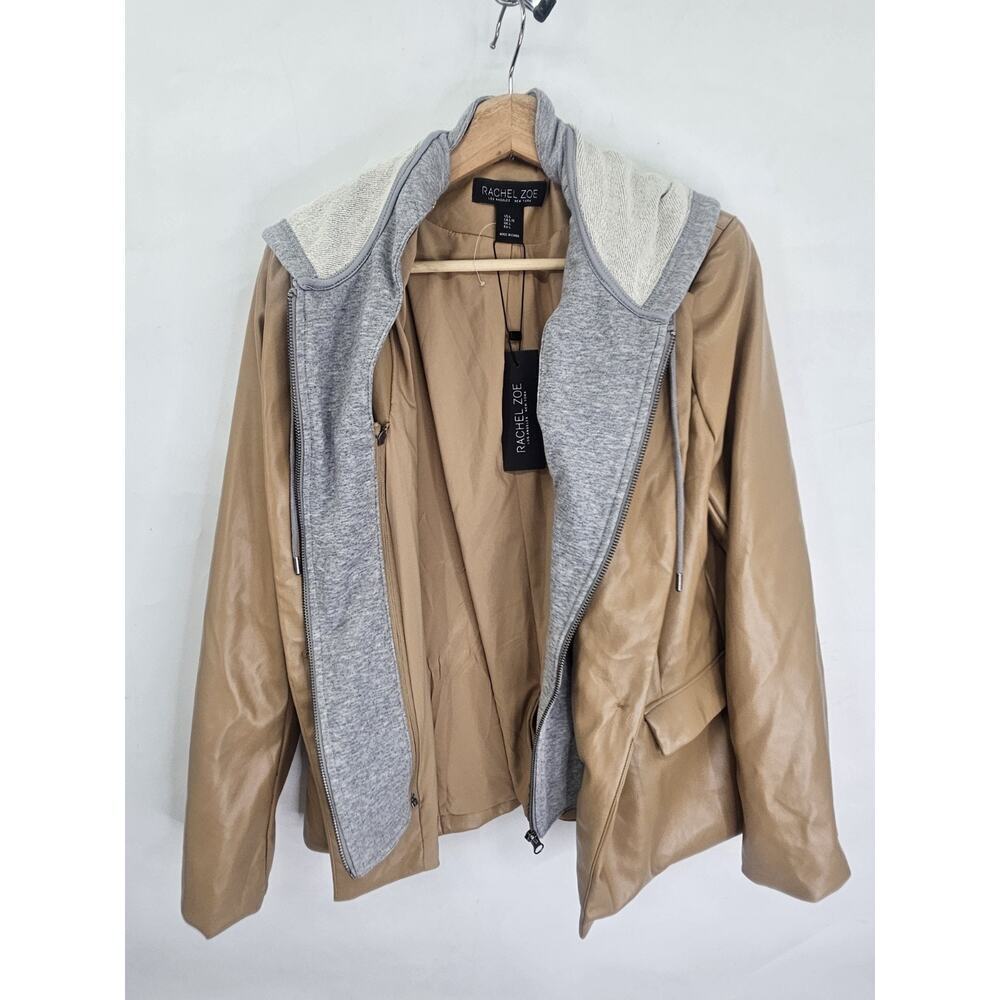 Luxe Rachel Zoe Moto Biker Faux Leather Jacket Tan Size L Edgy Designer Look